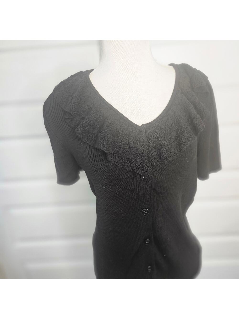 Jones Wear Black Ruffle Button Front Cardigan Sweater Short Sleeve XL
